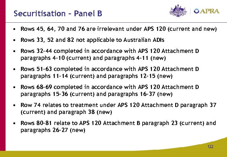 Securitisation – Panel B • Rows 45, 64, 70 and 76 are irrelevant under