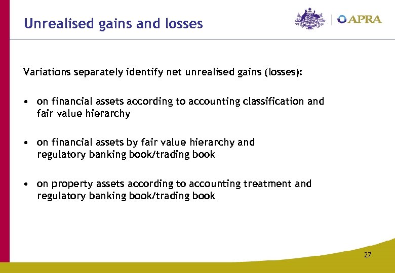Unrealised gains and losses Variations separately identify net unrealised gains (losses): • on financial