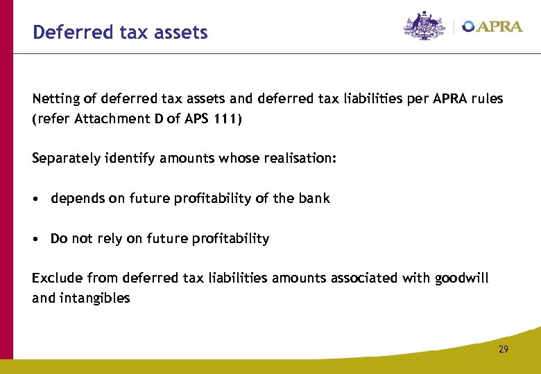 Deferred tax assets Netting of deferred tax assets and deferred tax liabilities per APRA