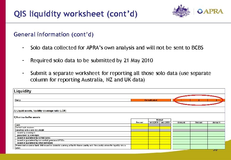 QIS liquidity worksheet (cont’d) General information (cont’d) - Solo data collected for APRA’s own