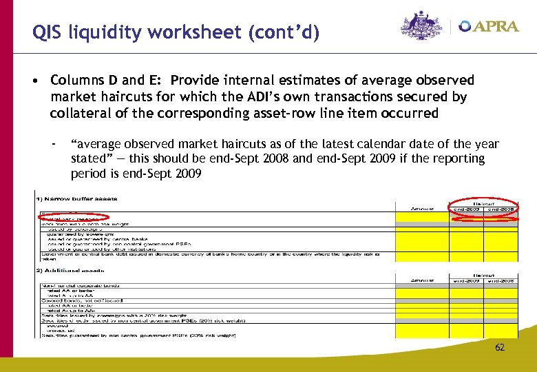 QIS liquidity worksheet (cont’d) • Columns D and E: Provide internal estimates of average