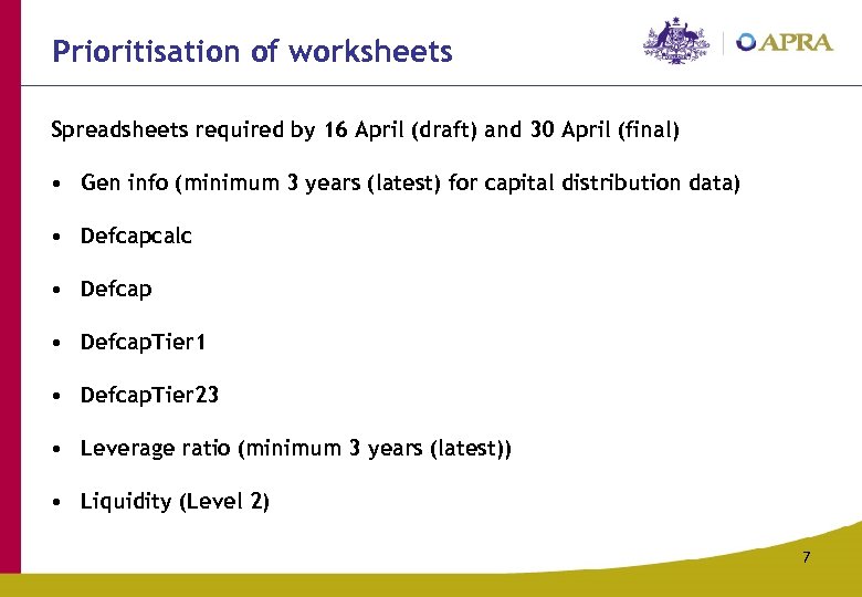 Prioritisation of worksheets Spreadsheets required by 16 April (draft) and 30 April (final) •