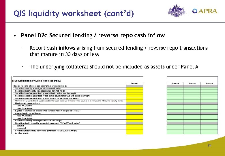 QIS liquidity worksheet (cont’d) • Panel B 2 c Secured lending / reverse repo