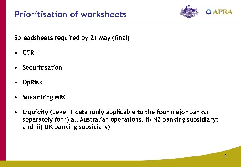 Prioritisation of worksheets Spreadsheets required by 21 May (final) • CCR • Securitisation •