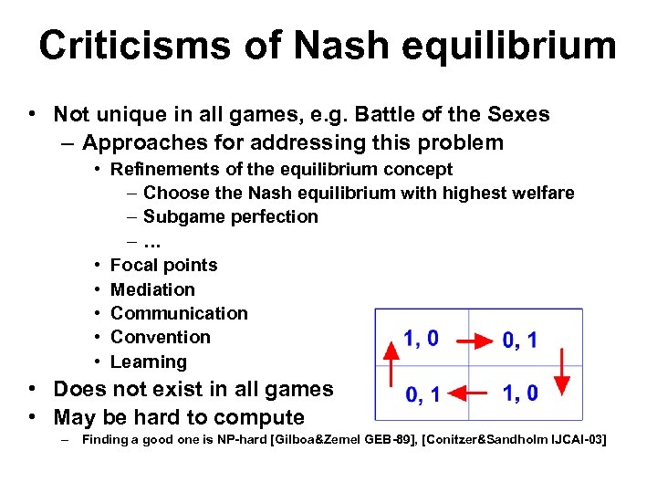 Criticisms of Nash equilibrium • Not unique in all games, e. g. Battle of