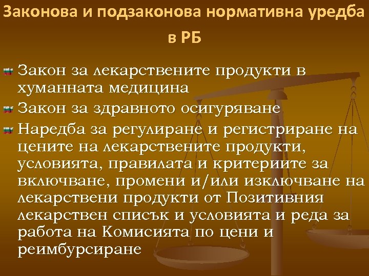 Законова и подзаконова нормативна уредба в РБ Закон за лекарствените продукти в хуманната медицина