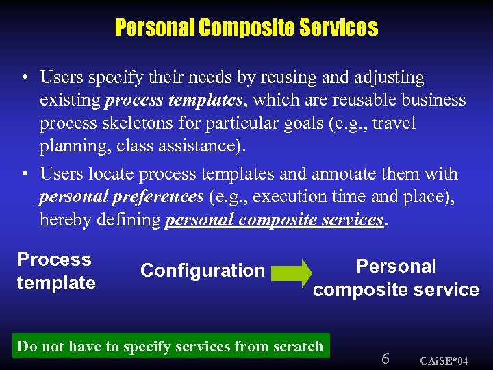 Personal Composite Services • Users specify their needs by reusing and adjusting existing process