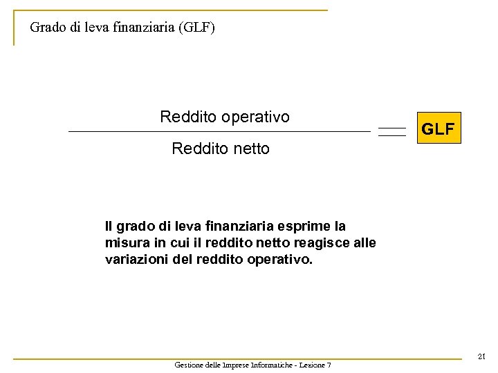 Grado di leva finanziaria (GLF) Reddito operativo GLF Reddito netto Il grado di leva