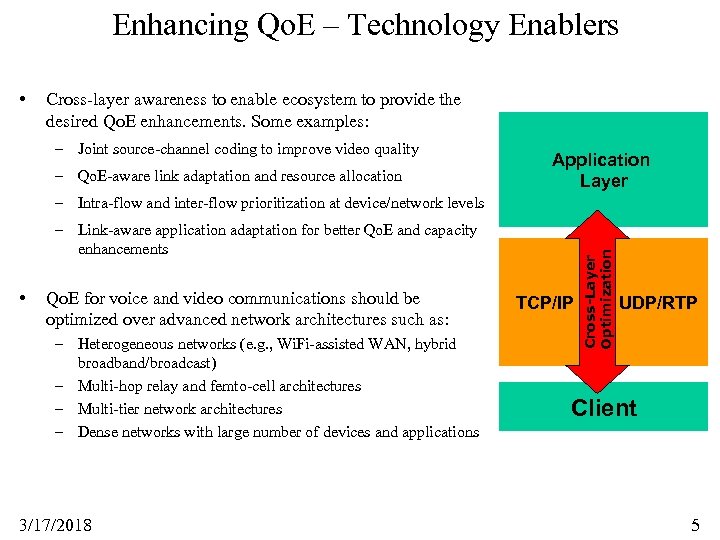 Enhancing Qo. E – Technology Enablers • Cross-layer awareness to enable ecosystem to provide