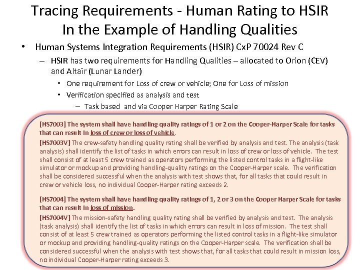 Tracing Requirements - Human Rating to HSIR In the Example of Handling Qualities •