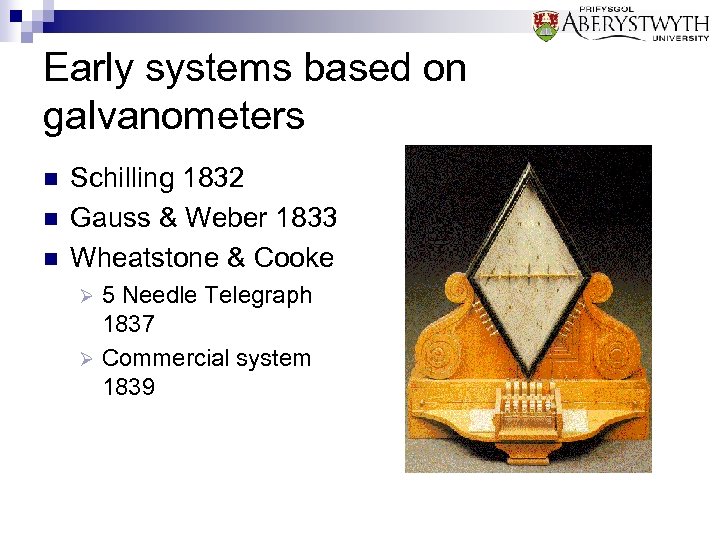 Early systems based on galvanometers n n n Schilling 1832 Gauss & Weber 1833