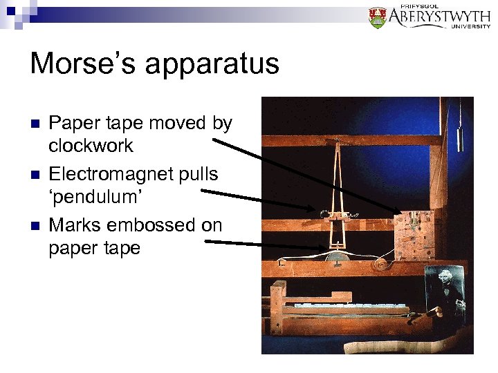 Morse’s apparatus n n n Paper tape moved by clockwork Electromagnet pulls ‘pendulum’ Marks