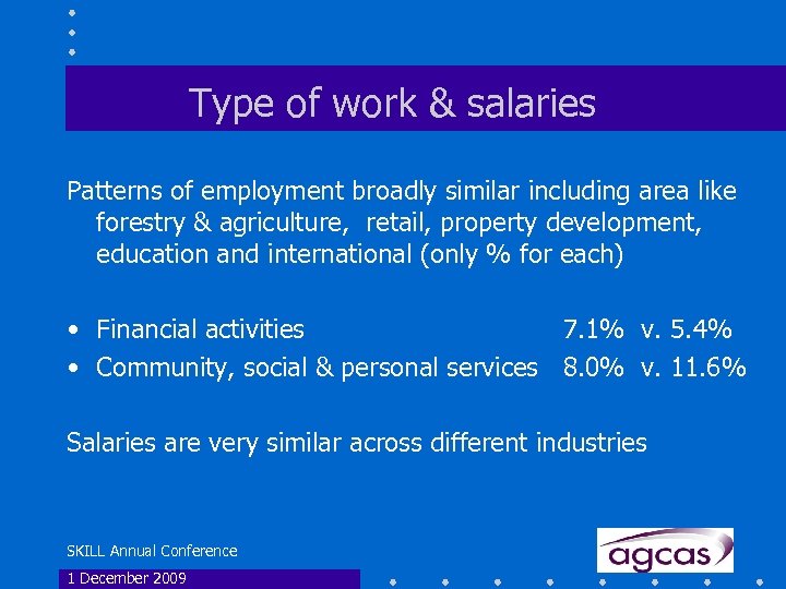 Type of work & salaries Patterns of employment broadly similar including area like forestry