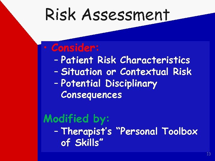 Risk Assessment • Consider: – Patient Risk Characteristics – Situation or Contextual Risk –