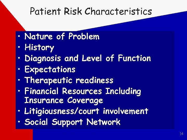 Patient Risk Characteristics • • • Nature of Problem History Diagnosis and Level of