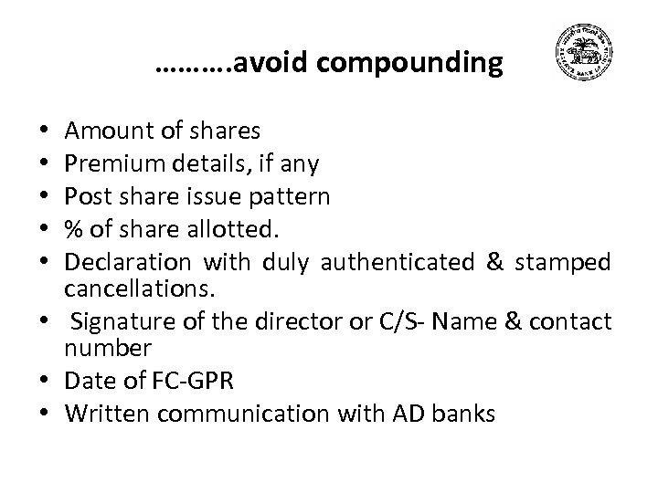 ………. avoid compounding Amount of shares Premium details, if any Post share issue pattern