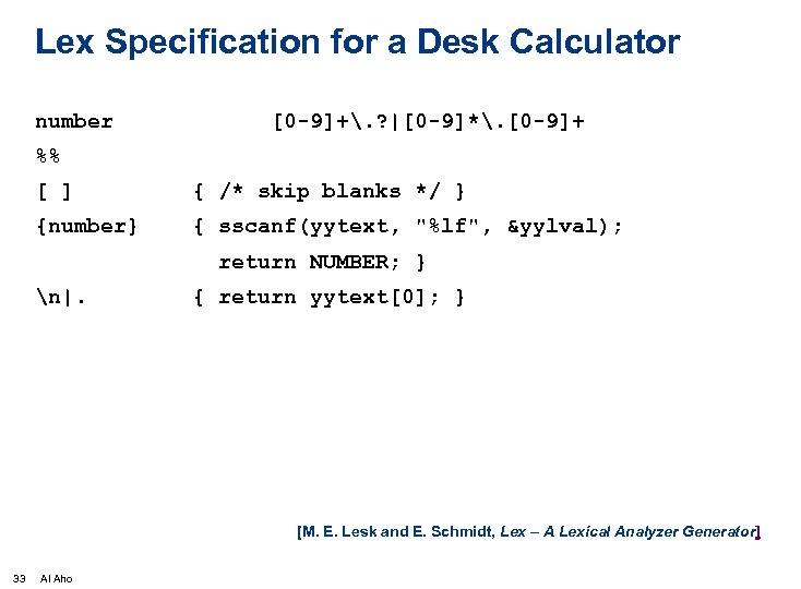 Lex Specification for a Desk Calculator number [0 -9]+. ? |[0 -9]*. [0 -9]+