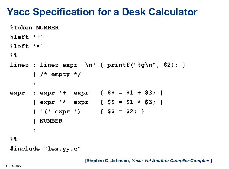 Yacc Specification for a Desk Calculator %token NUMBER %left '+' %left '*' %% lines