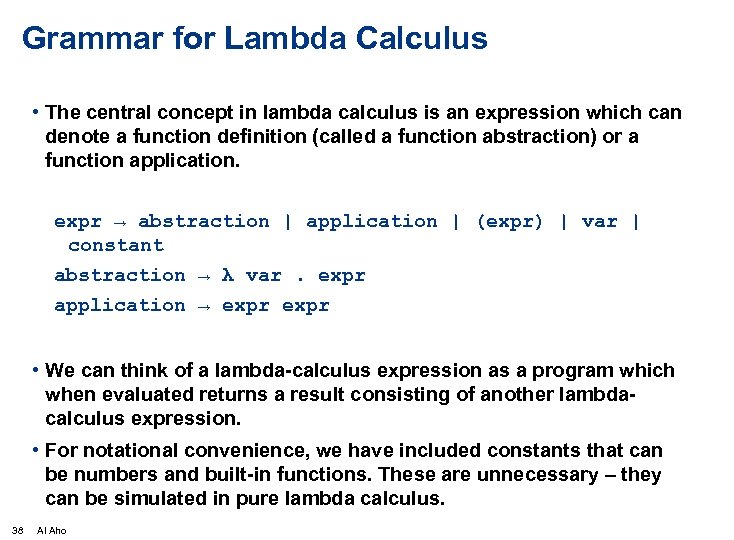Grammar for Lambda Calculus • The central concept in lambda calculus is an expression