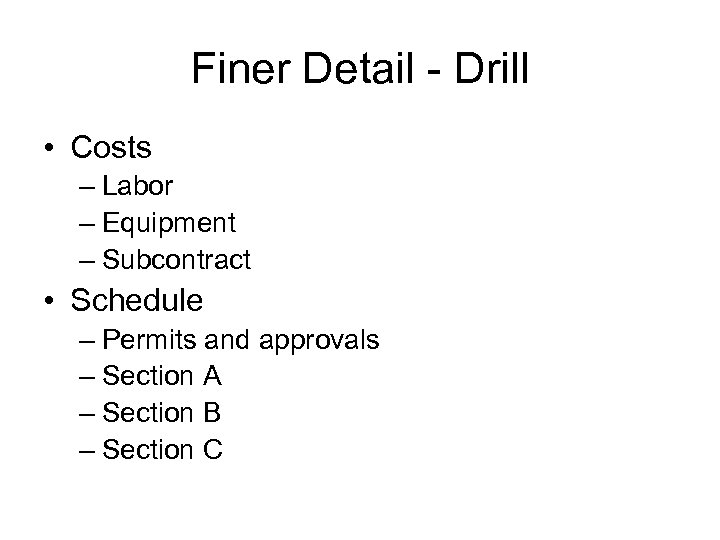 Finer Detail - Drill • Costs – Labor – Equipment – Subcontract • Schedule