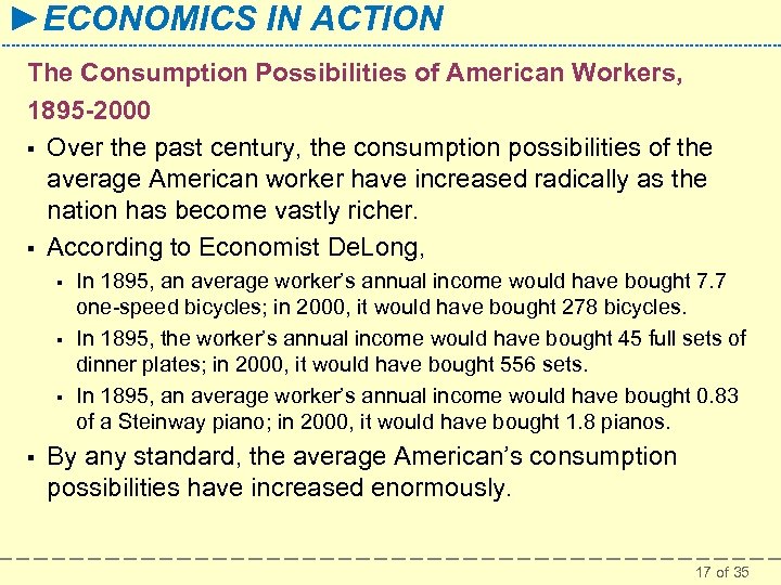 ►ECONOMICS IN ACTION The Consumption Possibilities of American Workers, 1895 -2000 § Over the