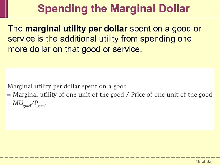 Spending the Marginal Dollar The marginal utility per dollar spent on a good or