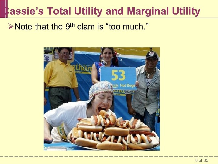 Cassie’s Total Utility and Marginal Utility ØNote that the 9 th clam is “too