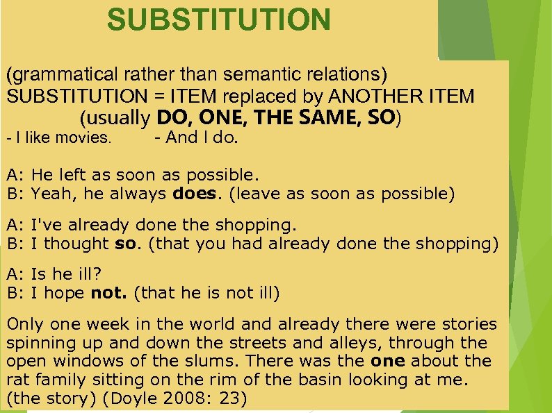 SUBSTITUTION (grammatical rather than semantic relations) SUBSTITUTION = ITEM replaced by ANOTHER ITEM (usually