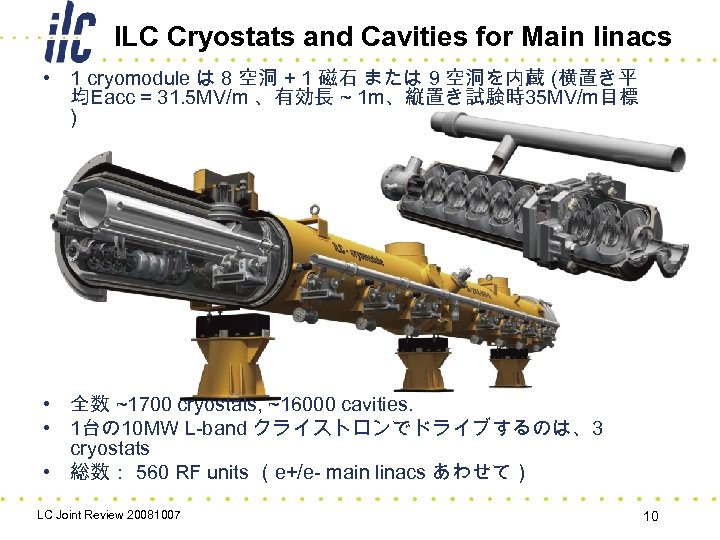 ILC Cryostats and Cavities for Main linacs • 1 cryomodule は 8 空洞 +