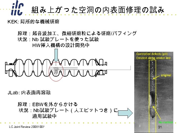 組み上がった空洞の内表面修理の試み KEK: 局所的な機械研磨 　　原理：超音波加 、微細研磨粒による研磨/バフィング 　　状況：Nb 試験プレートを使った試験　 　　　　　HW挿入機構の設計開発中 JLab: 内表面再溶融 　　原理：EBWを外からかける 状況：Nb試験プレート（人 ピットつき）に 　　　　　適用試験中
