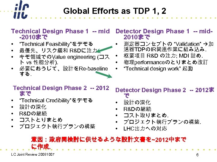 Global Efforts as TDP 1, 2 Technical Design Phase 1 -- mid Detector Design