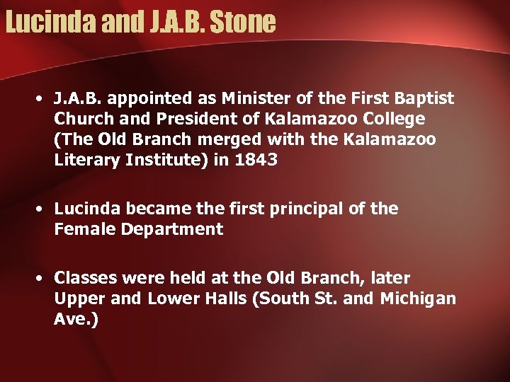 Lucinda and J. A. B. Stone • J. A. B. appointed as Minister of