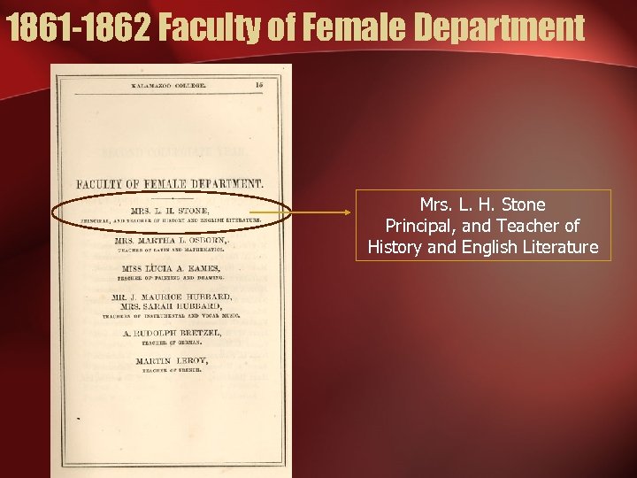 1861 -1862 Faculty of Female Department Mrs. L. H. Stone Principal, and Teacher of