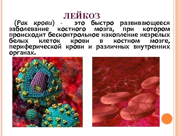 ЛЕЙКОЗ (Рак крови) это быстро развивающееся заболевание костного мозга, при котором происходит бесконтрольное накопление