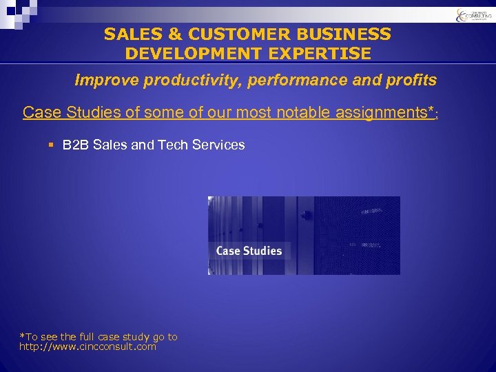 SALES & CUSTOMER BUSINESS DEVELOPMENT EXPERTISE Improve productivity, performance and profits Case Studies of