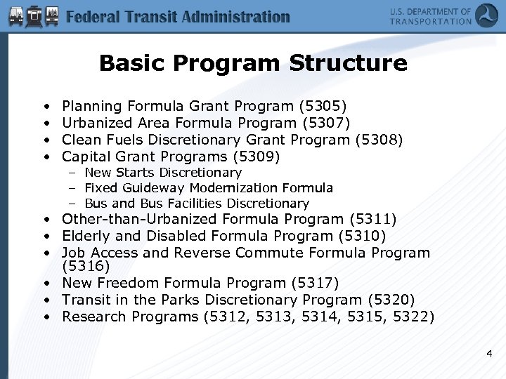 Basic Program Structure • • Planning Formula Grant Program (5305) Urbanized Area Formula Program