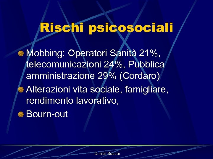 Rischi psicosociali Mobbing: Operatori Sanità 21%, telecomunicazioni 24%, Pubblica amministrazione 29% (Cordaro) Alterazioni vita
