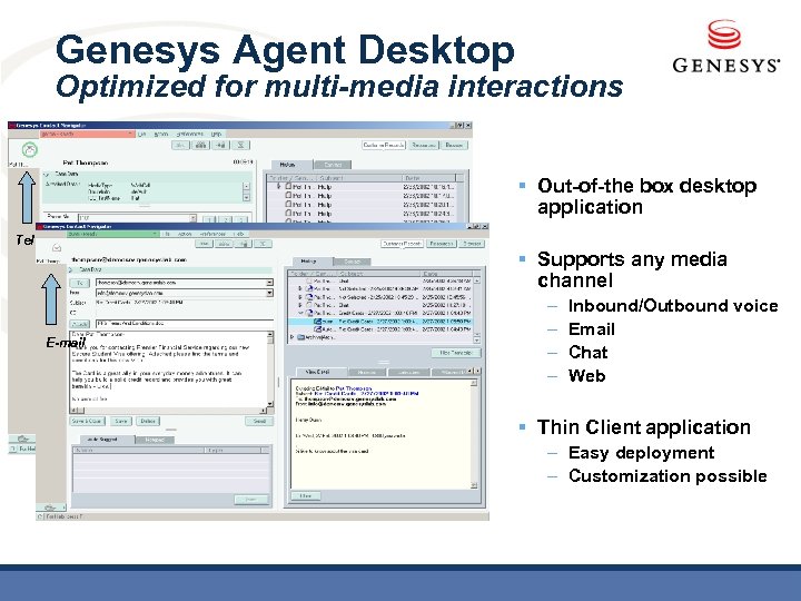 Genesys Agent Desktop Optimized for multi-media interactions § Out-of-the box desktop application Telephone E-mail