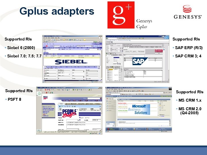 Gplus adapters Supported Rls • Siebel 6 (2000) • SAP ERP (R/3) • Siebel