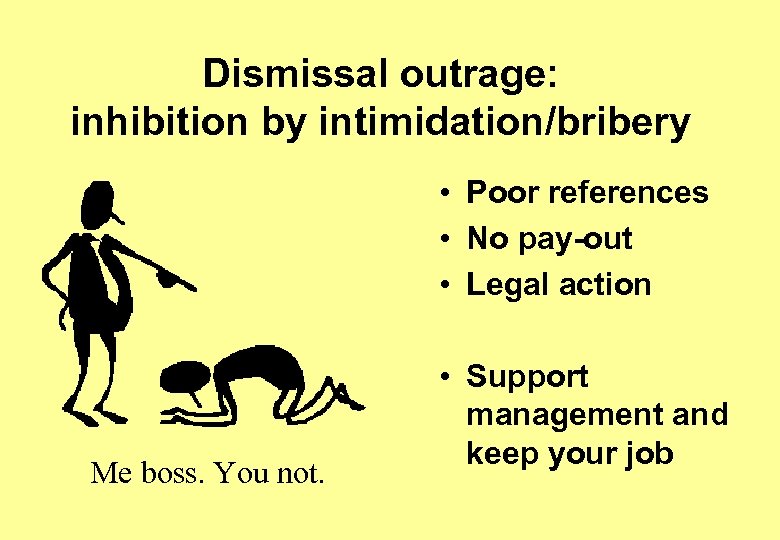 Dismissal outrage: inhibition by intimidation/bribery • Poor references • No pay-out • Legal action