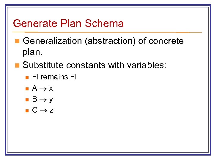 Generate Plan Schema Generalization (abstraction) of concrete plan. n Substitute constants with variables: n