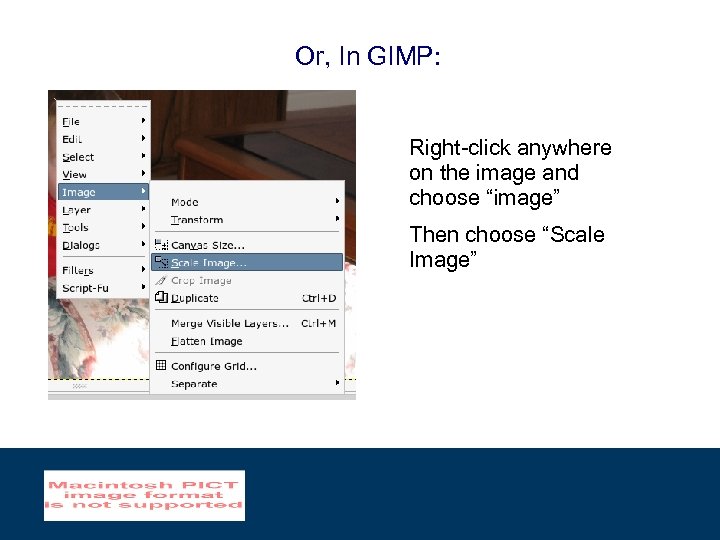 Or, In GIMP: Right-click anywhere on the image and choose “image” Then choose “Scale