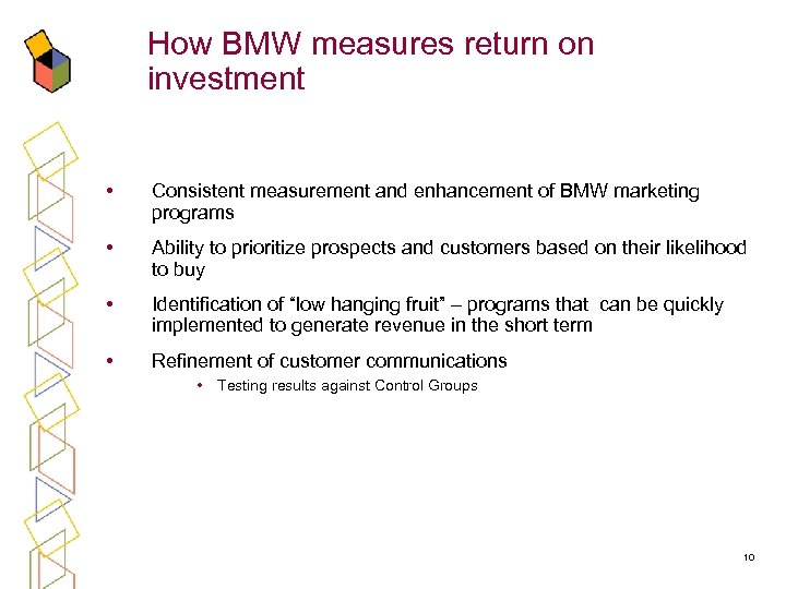 How BMW measures return on investment • Consistent measurement and enhancement of BMW marketing