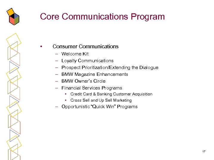 Core Communications Program • Consumer Communications – – – Welcome Kit Loyalty Communications Prospect