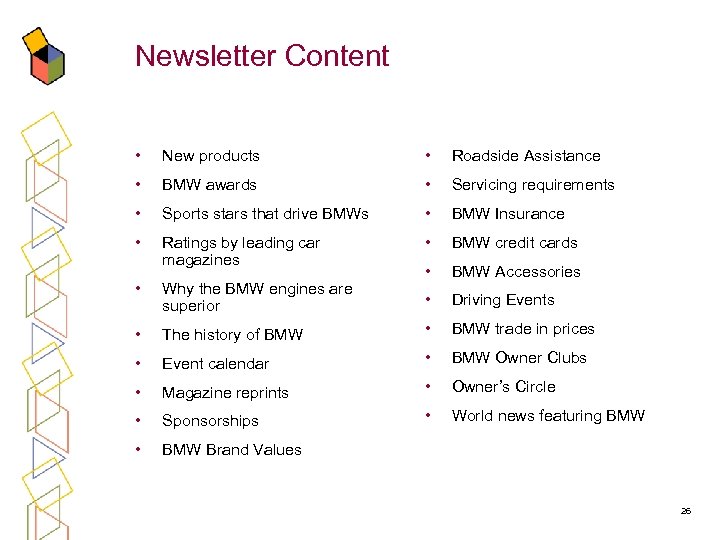 Newsletter Content • New products • Roadside Assistance • BMW awards • Servicing requirements