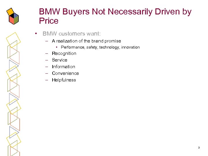 BMW Buyers Not Necessarily Driven by Price • BMW customers want: – A realization