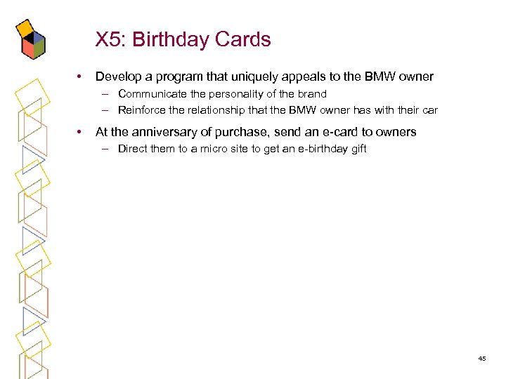 X 5: Birthday Cards • Develop a program that uniquely appeals to the BMW