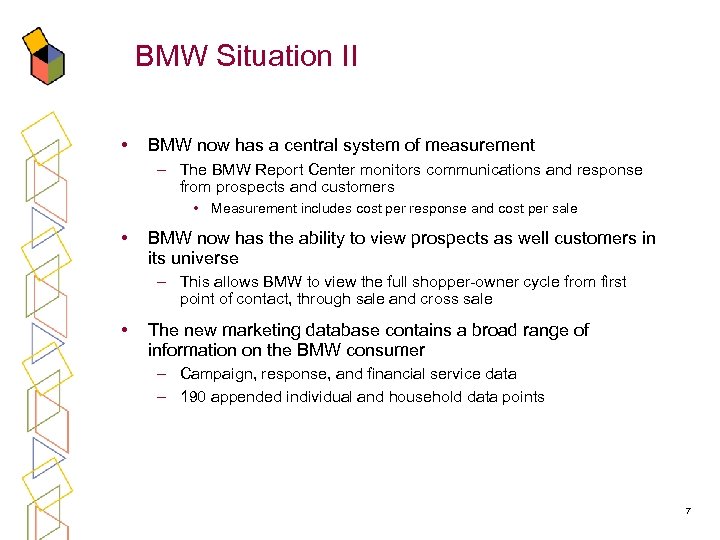 BMW Situation II • BMW now has a central system of measurement – The