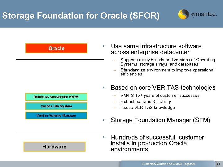 Storage Foundation for Oracle (SFOR) Oracle • Use same infrastructure software across enterprise datacenter