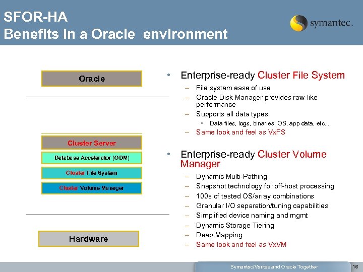 SFOR-HA Benefits in a Oracle environment Oracle RAC Extensions • Enterprise-ready Cluster File System